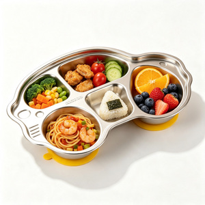 <span class=keywords><strong>Assiette</strong></span> à collation pour enfants en acier inoxydable 304 de qualité alimentaire avec base à ventouse, design voiture, compartimentée, pour tout-petits - Product Image 1