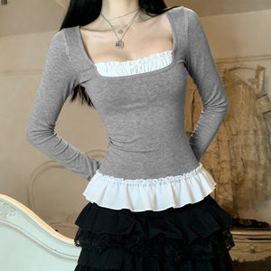 Sweet Style Peter Pan Collar Contrast <b>Patchwork</b> Square Neck Slim Fit Long Sleeve <b>Top</b> Waist-Cinching Pleated Ruffle Hem T-Shirt - Product Image 2