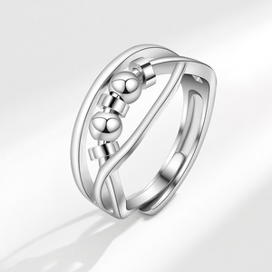 Bague ajustable multicouche en cuivre plaqué or blanc, motif croisé, avec perles rotatives anti-anxiété, bijoux en gros - Product Image 1