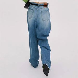 กางเกงยีนส์ขาบานสีน้ำเงินขายดีสำหรับผู้หญิง สไตล์สบายๆ เอวกลาง ระบายอากาศได้ดี ทรงหลวม - Product Image 4