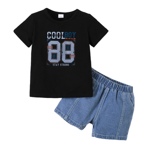 Vêtements pour bébé garçon 18 <span class=keywords><strong>mois</strong></span>, ensembles de tenue courte d'été pour bébé garçon <span class=keywords><strong>24</strong></span> <span class=keywords><strong>mois</strong></span>, manches courtes, lettres imprimées, hauts, Shorts en Denim élastique 2 pièces - Product Image 1