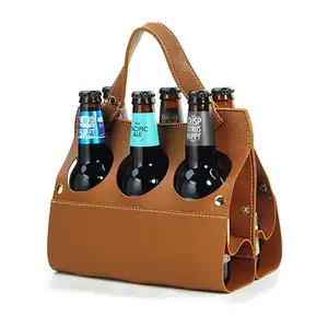 Paquete personalizado de 6 portabotellas de cuero vegano portátil paquete de 6 cervezas Caddy agua cerveza Soda portabotellas soporte de viaje para bebidas