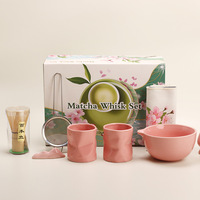 Vente en gros de 5/9 pièces de haute qualité Matcha pot de thé porte-boîte japonais japon luxe cérémonie rose Matcha bol fouet ensemble de kit