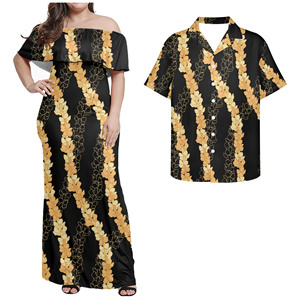 Completo Set Abiti Coordinati per Coppie Polinesiane Puletasi Casual Hawaiano per Feste Luau - Camicia <span class=keywords><strong>e</strong></span> Vestito Neri - Product Image 4