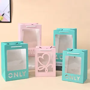 Bán Buôn Đầy Màu Sắc Thủ Công Hoa Quà Tặng Giấy Tote Bag Với Cửa Sổ Trong Suốt