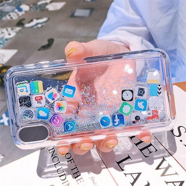 Dynamic Quicksand Phone Case for iphone 14 13 12 11 15 Pro Max Plus X XR XS Max SE Cute Apps Icon Liquid Glitter Clear Cover