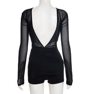 Combinaison courte sexy à manches longues en maille transparente unie, dos nu et volants, nouvelle collection automne pour femme - Product Image 6