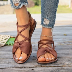 Women Bow Crisscross Straps Flat <b>Sandals</b> <b>Elastic</b> Ankle Strap Open Toe Summer Beach Footwear - Product Image 3