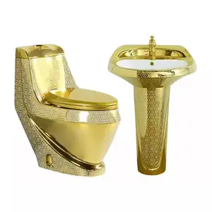 Royal style luxury golden color water closet one piece toilet bowl pedestal basin sink gold toilet set