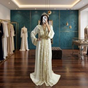 Elegant White Embroidered Loose <b>Abaya</b> Gold Floral Pattern Floor Length V Neck Long Sleeve Breathable Middle East <b>Wedding</b> Women - Product Image 2