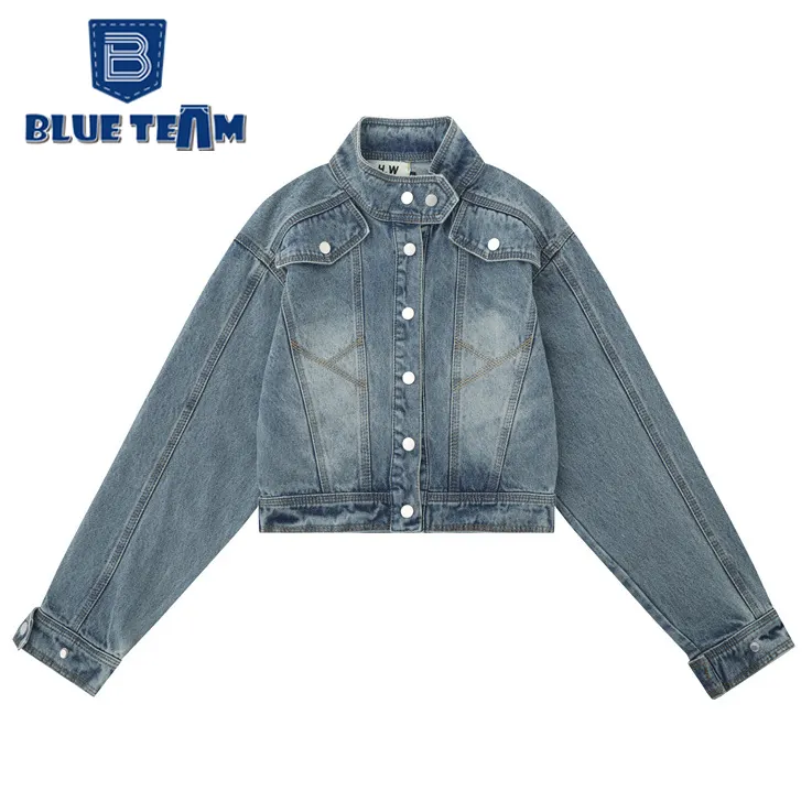 Blue Team personnalisé Y2K design rétro femmes agneau et veste en jean col montant manteau court haut cowgirl femmes vestes en jean manteaux