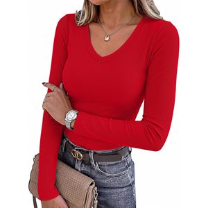 Camiseta básica ajustada de punto acanalado con cuello en V y manga larga para mujer, ropa informal para otoño - Product Image 2