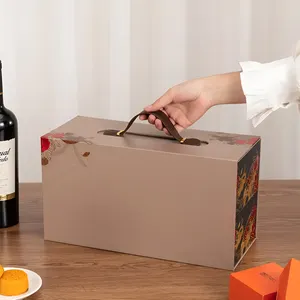 Grosir kustom Logo dua lapisan mewah kue bulan dan anggur magnetik kotak hadiah kemasan mengkilap dengan pegangan