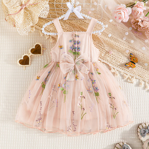 Robe brodée en maille florale exquise pour filles, style petite princesse élégante et mignonne, vêtements pour enfants, manches bouffantes, nœuds - Product Image 1