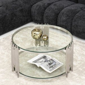<span class=keywords><strong>Mesa</strong></span> de centro <span class=keywords><strong>redonda</strong></span> moderna, marco de metal dorado, tapa de <span class=keywords><strong>cristal</strong></span>, <span class=keywords><strong>diseño</strong></span> de dos niveles B2B para proyectos de sala de estar - Product Image 5