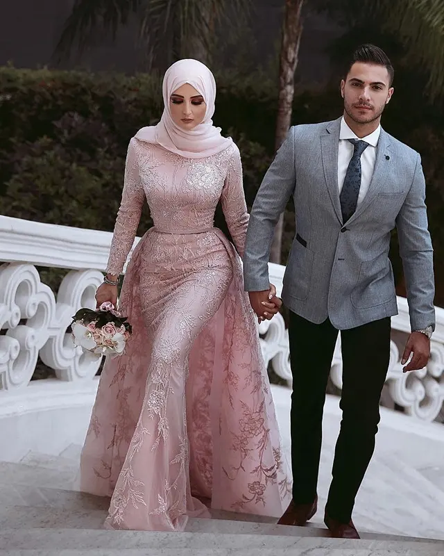 Vestido de noiva com renda bordado, rosa, de casamento, novo, 2021, musculino, saia destacável, hijab, islâmico, de casamento