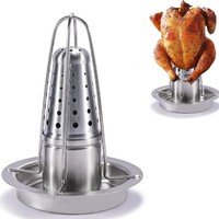 Support à poulet en acier inoxydable, support à volaille perforé avec infuseur d'arômes et plateau de récupération des graisses pour barbecue, four et cuisson en camping