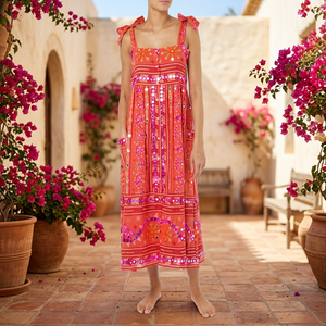 Robe midi bohème à imprimé floral et broderies, 100 % coton, organza brodé, col contrastant, coupe ample, sans manches, décontractée d'été, grande taille - Product Image 3