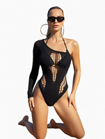 Lingerie féminine Body Teddy à manches longues, sexy, en dentelle, avec nœud en strass, en maille de nylon semi-transparente, style bikini ajouré, tendance