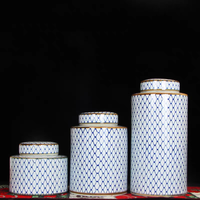 Nouvel ensemble de 3 pièces en céramique et porcelaine de style chinois moderne, motif quadrillé bleu et blanc, vase cylindrique de rangement, pot décoratif fait main pour la maison