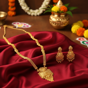 18K <b>Gold</b> Plated Brass South Indian Temple Long Haram Necklace <b>Set</b> Bridal Engagement Party Wedding Anniversary Jewelry Earrings - Product Image 3