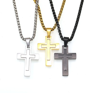 Collier Pendentif Croix en Acier Inoxydable pour Homme, Minimaliste, Or, Argent, Noir, Bijou Chrétien Religieux, Style Motard Hip Hop, Étanche - Product Image 2
