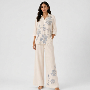 Women's Fashion Co-Ord <b>Set</b> | Embroidered full Sleeve Shirt & Palazzo Trousers - Product Image 1