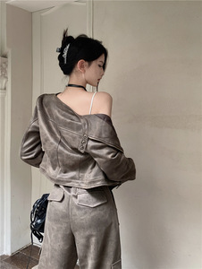 Giacca Corta da Motociclista Stile Vintage Americano per <span class=keywords><strong>Donna</strong></span> in Pelle Scamosciata Marrone Caffè - Product Image 6