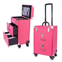 Chariot à roulettes multi-niveaux pour artiste, valise de maquillage de voyage en cuir, organisateur professionnel avec roulettes et miroir