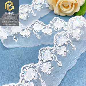 6cm <strong>White</strong> Sequined Milk Silk Mesh <strong>Lace</strong> Trim, Floral Leaf Embroidery Ribbon for Skirt Hem <strong>Dress</strong> Garment Accessories Wholesale - Product Image 2