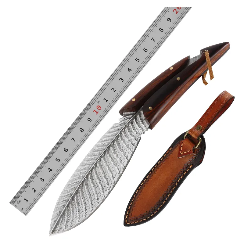 Feather Blade Handmade Damaskus Stahl messer Messer für Männer Jagd mit Ledersc heide Damaskus Straight Knife