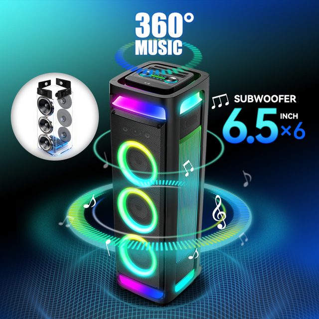 160W Portable  Party Speaker, Triple 6.5" Woofer, RGB Light, Deep Bass,Wireless Mic,Outdoor Karaoke Boombox For Home