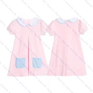New model cotton knitting embroidery children toddler baby girls dresses summer short sleeve collared kids dress