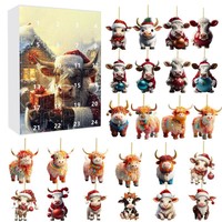 Calendrier de l'Avent de Noël Thème Animaux Vache des Highlands Ornement Acrylique Compte à Rebours 24 Jours Boîte Mystère Mignonne à Suspendre à l'Arbre Cadeau de Fêtes
