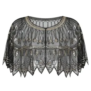 Chales de Mujer Estilo Flapper Años 20, con Cuentas y Lentejuelas, Estilo Art Deco, Capa de Noche, <span class=keywords><strong>Bolero</strong></span>, Cubrevestido, Accesorio de Disfraz para <span class=keywords><strong>Fiesta</strong></span> Gatsby - Product Image 4