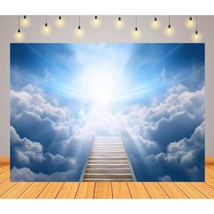 Decorazione murale 7 x5ft tessuto sfondo cielo ha inviato scale a tema <span class=keywords><strong>paradiso</strong></span> dio benedire la luce santa cielo blu nuvole per eventi della chiesa - Product Image 3