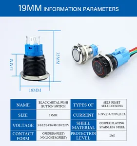 Interruttore a pulsante in metallo nero 12mm 16mm 19mm 22mm impermeabile piccolo illuminato con interruttori a pulsante a scatto momentaneo a LED