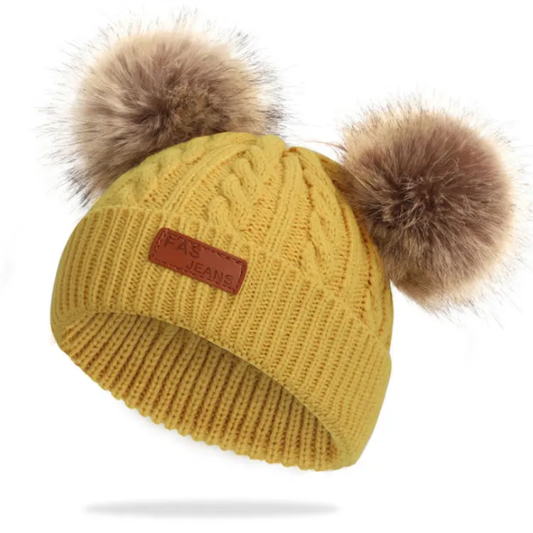 Benutzer definierte Logo Kleinkind Kinder Frauen Baby Mutter gerippt Stricken Kinder Pelz gestrickt Private Label Pom Pom Beanie Hut