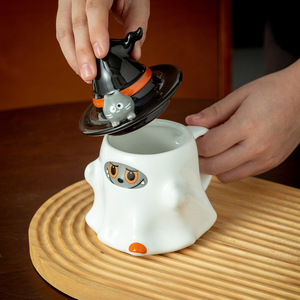 Tasse en céramique fantôme citrouille avec couvercle et poignée, design de dessin animé, pour fête d'Halloween - Product Image 3