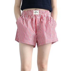 Custom Logo Women's Summer Simple Elastic Waist Pockets High Waist <strong>Pull</strong>-<strong>on</strong> Button Fly <strong>Lady</strong> Girls Fashion Striped Pajama <strong>Shorts</strong> - Product Image 2