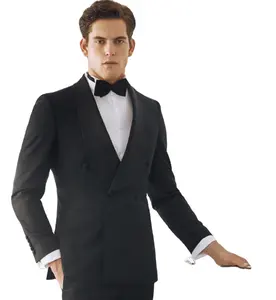 Exclusive satin shawl collar double breasted buttons bespoke men's tuxedo suit with besom pocket
