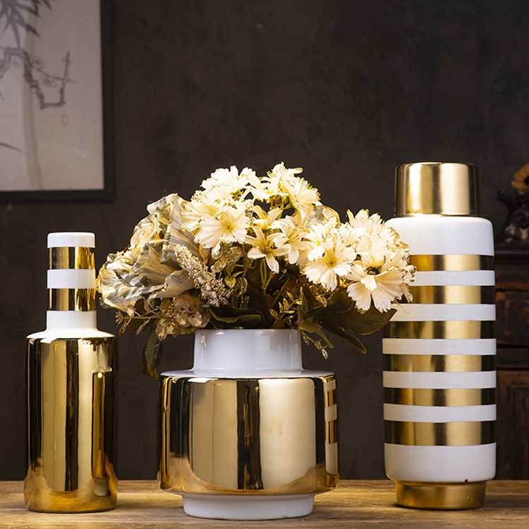 Modern contracted living room tabletop furnishing gold plated white ceramic vase