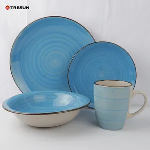 批发供应商16件石器陶瓷餐具彩色蓝色盘子餐具套装