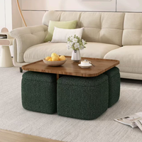 Ensemble de table basse ronde en bois Japandi avec 4 tabourets en tissu, style crème minimaliste, meubles multifonctionnels pour le salon