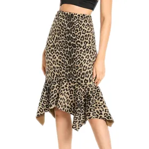 Falda de tubo con volantes para mujer, falda informal de leopardo con dobladillo