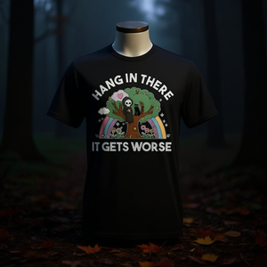 Hang In There IT Gets Worse Reaper T-Shirt Design nero con motivo Existential Dread - Product Image 3