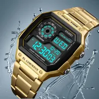 Jam Tangan Pria SKMEI 1335 Gold Chronograph Alarm LCD dengan Tali Stainless Steel, Jam Digital Elektronik untuk Pria