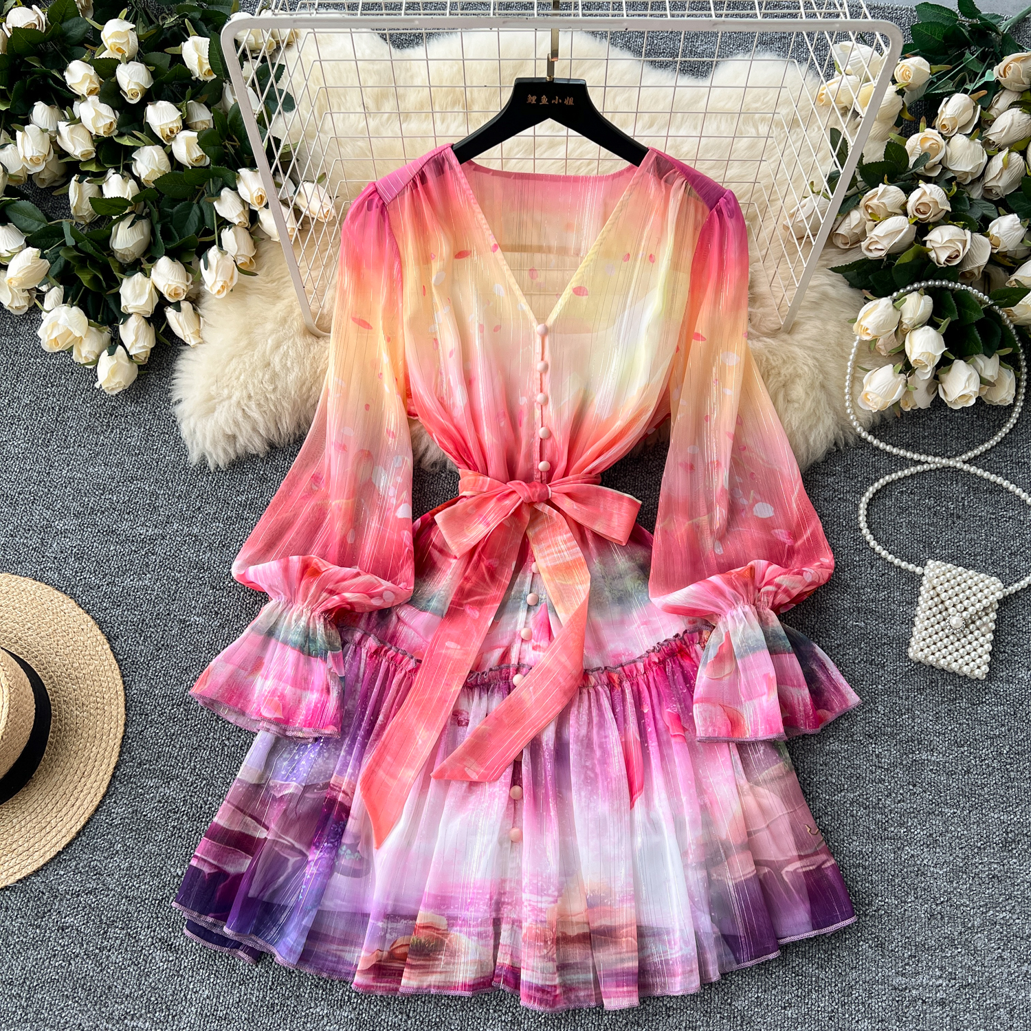 Flared Sleeve Sweet Print Waist Strap V-neck Ruffled Short Dresses| Alibaba.com Flared Sleeve Sweet Print Waist Strap V-neck Ruffled Short Dresses| Alibaba.com