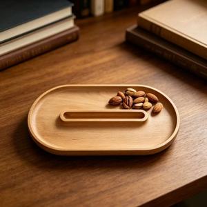 Beechwood Phone Stand <b>Tray</b> Oval Multifunction <b>Storage</b> <b>Trays</b> For Snacks And Devices - Product Image 4