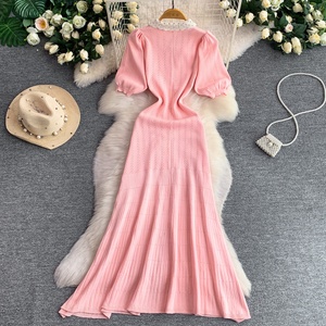 เดรสไหมพรมทรงเอไลน์สำหรับผู้หญิง ดีไซน์จีบระบาย ซักได้ แขนสั้น - Product Image 4
